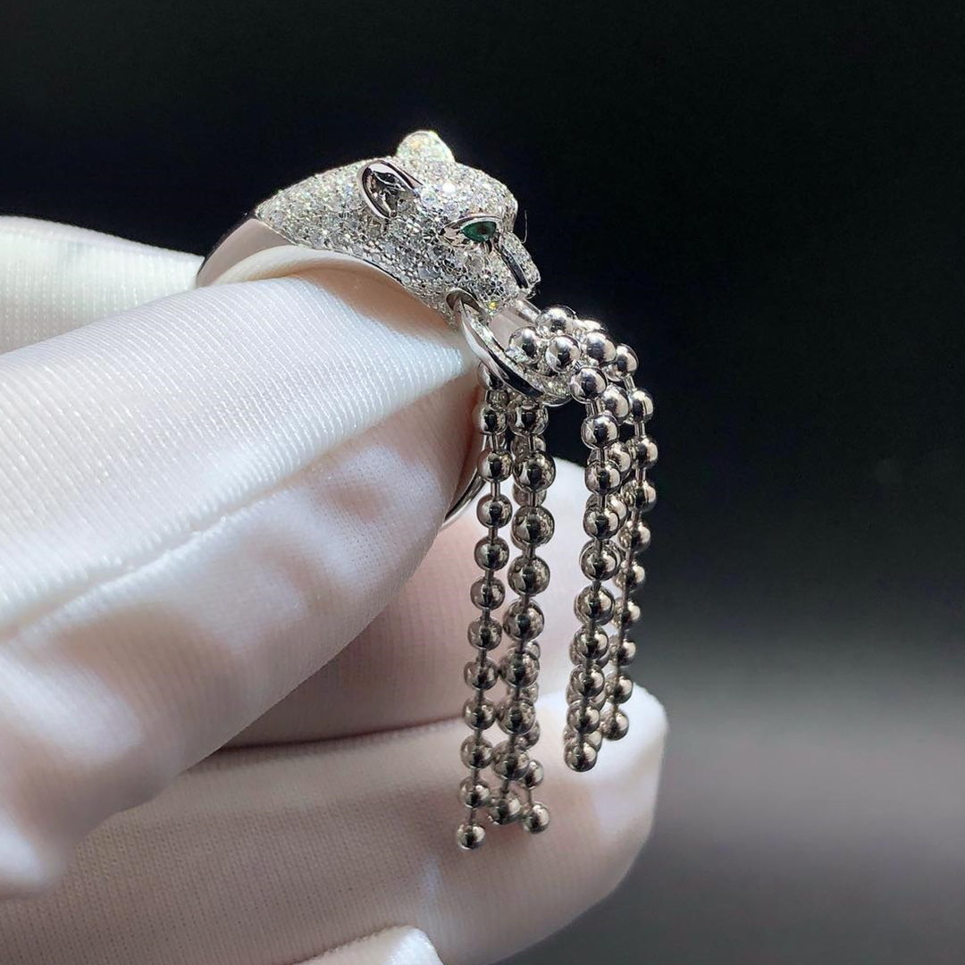 Cartier 18K White Gold Diamond Black Onyx Emerald Panthere De Cartier Tassel Ring N4744100