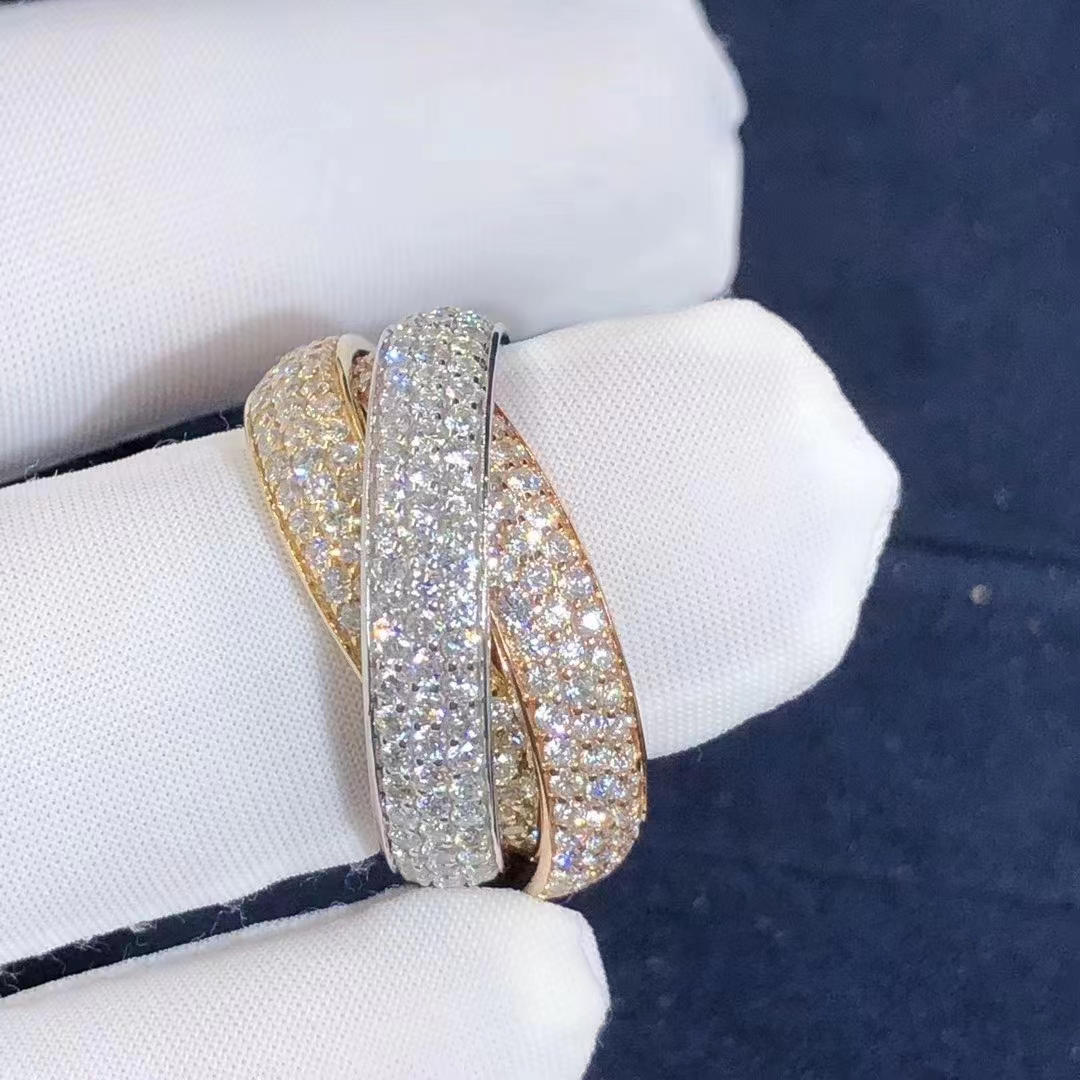Cartier 18K White Yellow Rose Gold Diamond Paved Large Model Trinity Ring N4778300