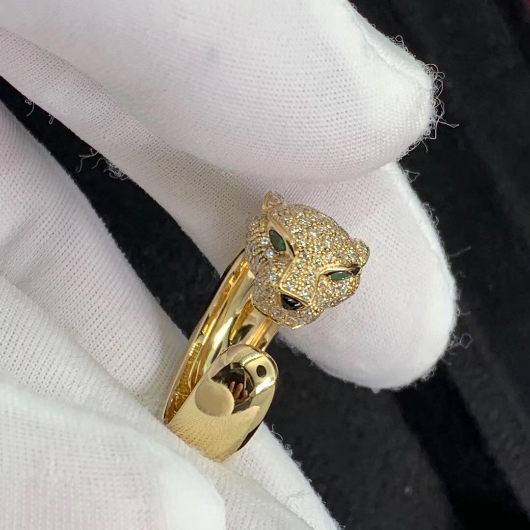 Cartier 18K Yellow Gold Diamond Emerald Onyx Panthere De Cartier Ring N4225000