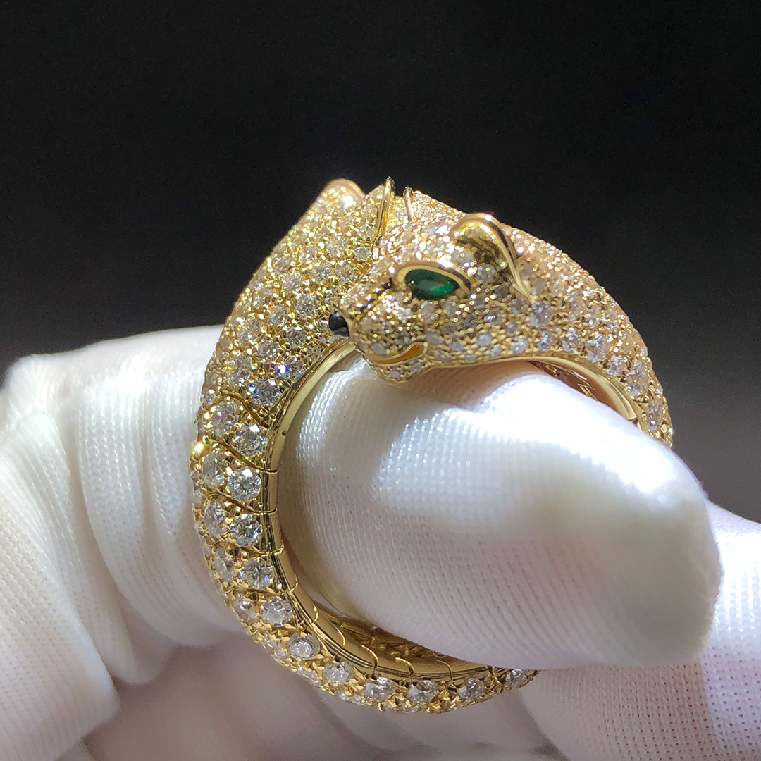 Cartier 18K Yellow Gold Pave Diamond Double Panthere de Cartier Ring