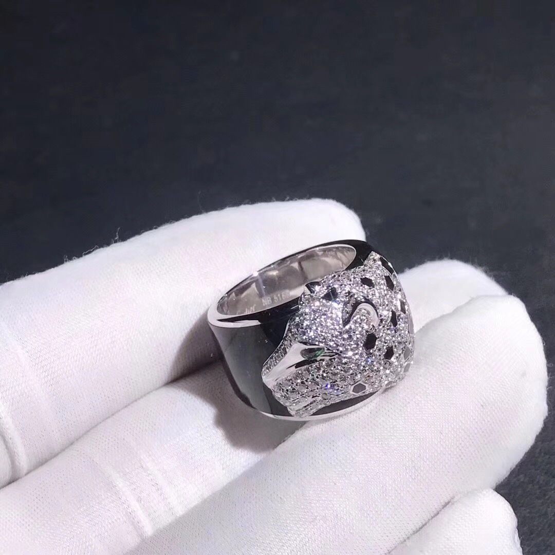 Cartier 18k White Gold Black Lacquer Onyx Emeralds and Diamonds Panthere de Cartier Ring
