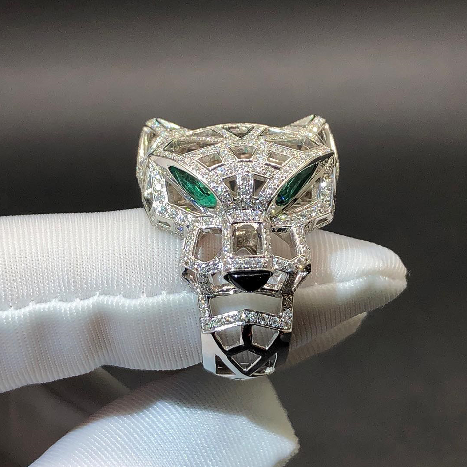 Cartier 18k White Gold Diamond Emerald Onyx Panthère de Cartier Openwork Ring N4768000