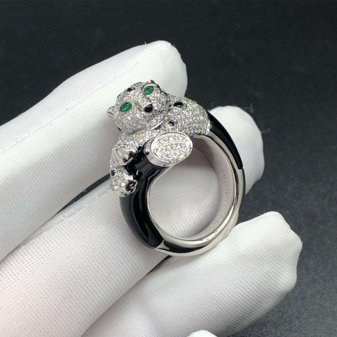 Cartier 18k White Gold Diamond, Onyx and Emerald Panthere de Cartier Ring