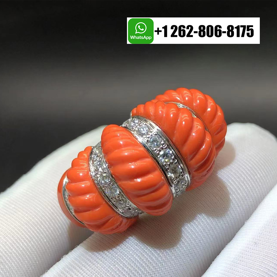 Cartier 18k White Gold Diamonds and Carved Coral Ring