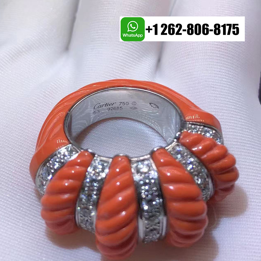 Cartier 18k White Gold Diamonds and Carved Coral Ring