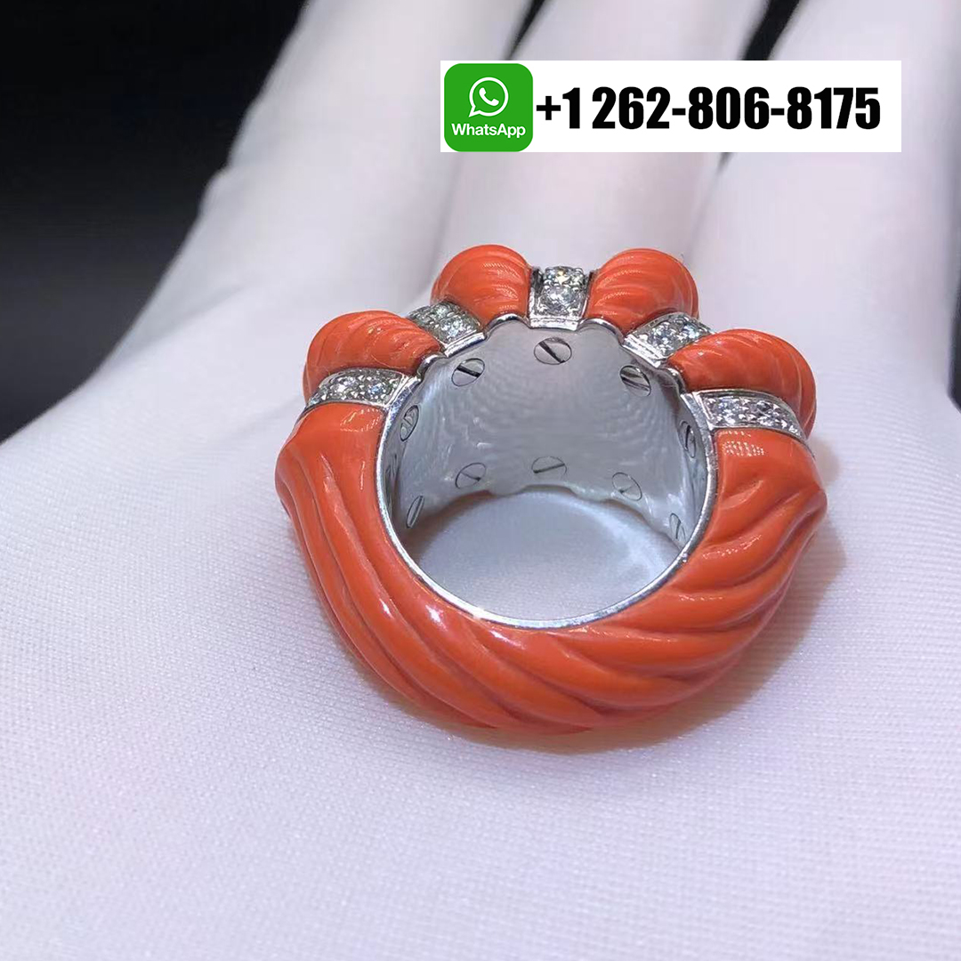 Cartier 18k White Gold Diamonds and Carved Coral Ring