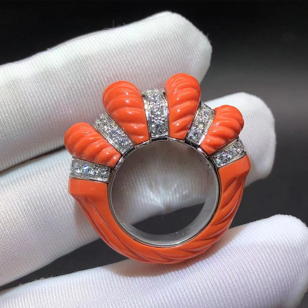 Cartier 18k White Gold Diamonds and Carved Coral Ring