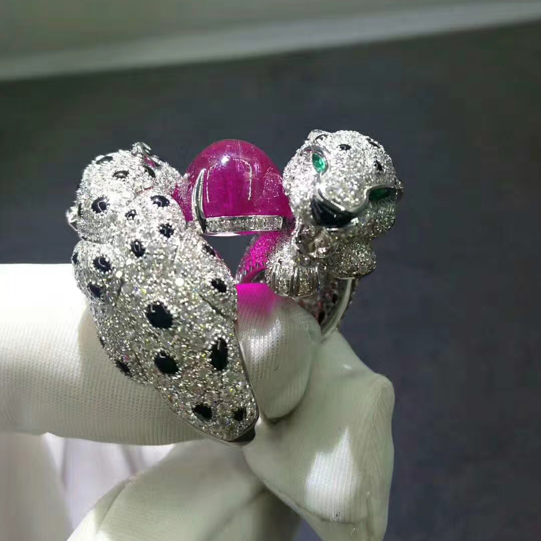 Cartier 18k White Gold Ruby Emeralds Onyx Panthere de Cartier High Jewellery Ring