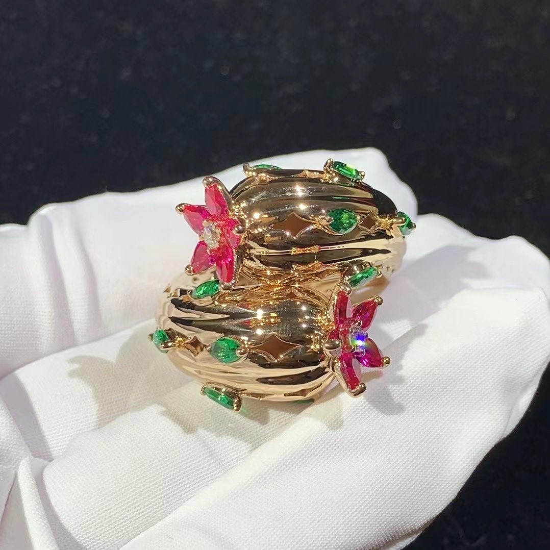 Cartier 18k Yellow Gold Cactus de Cartier Ruby Emeralds Diamond High Jewelry Ring H4374200