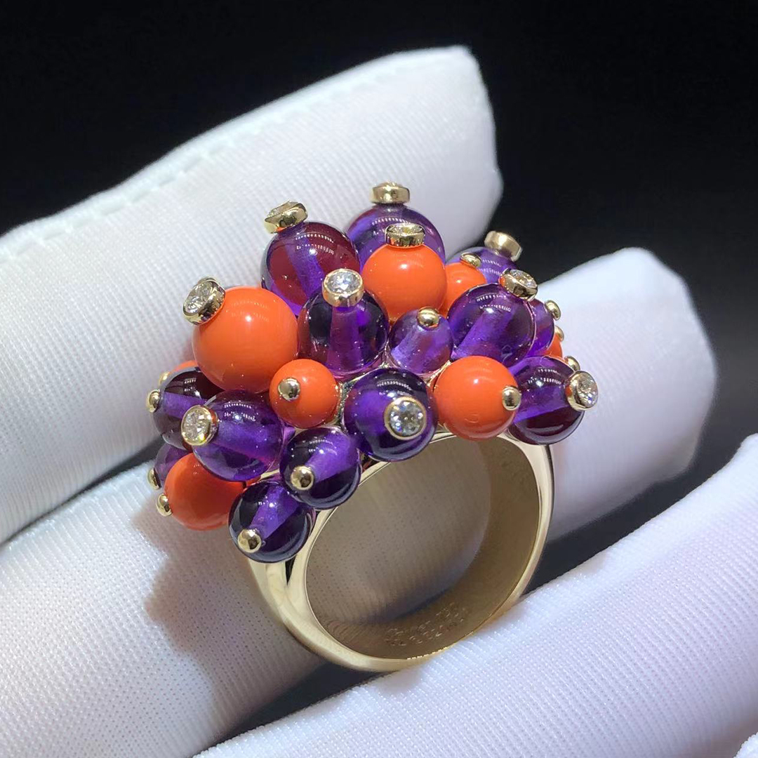 Cartier 18k Yellow Gold Coral Ametyst Diamond Delices De Goa Ring