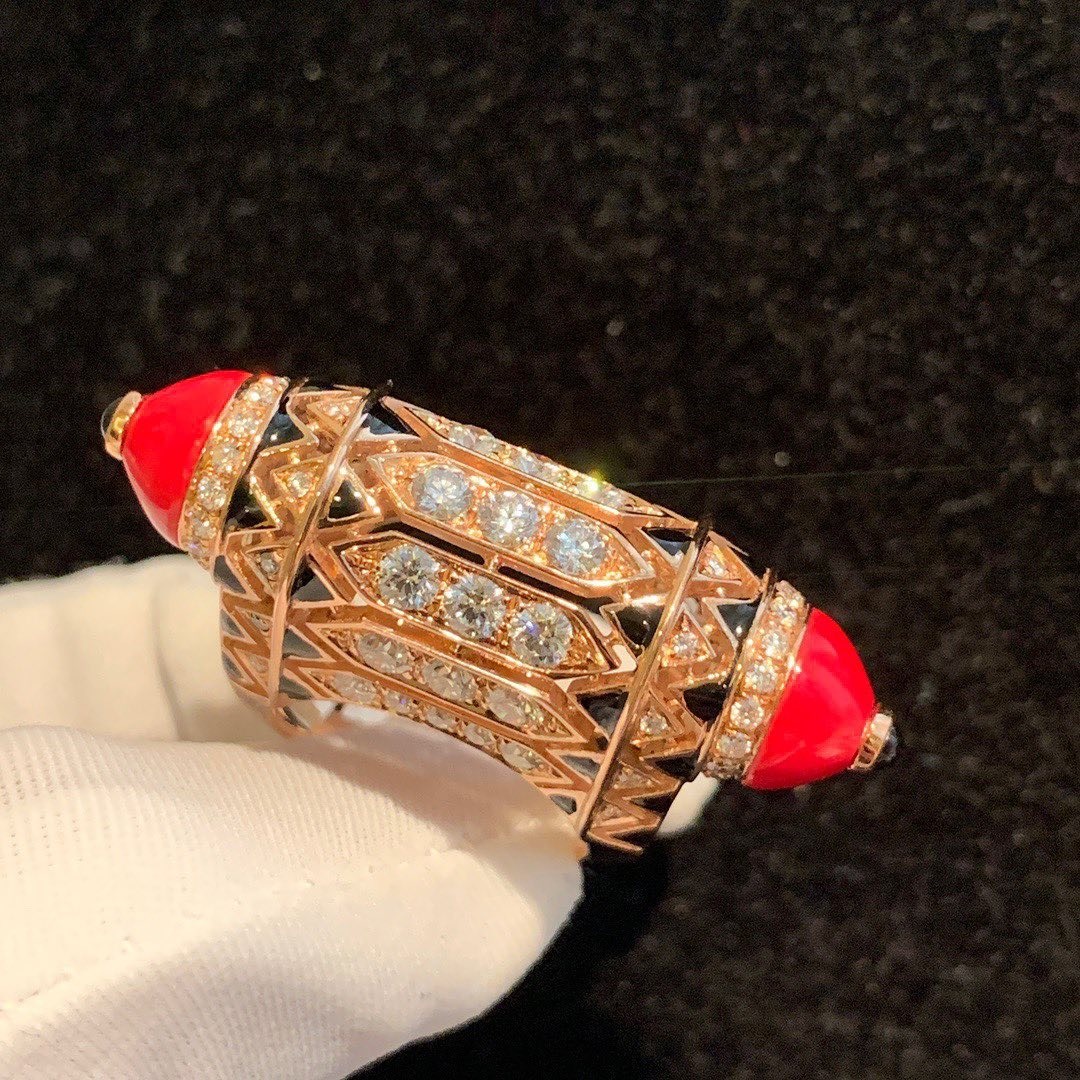 Cartier Art-Deco Inspired 18k Rose Gold Diamond Paved Coral High Jewelry Geometry And Contrast Ring H4346700