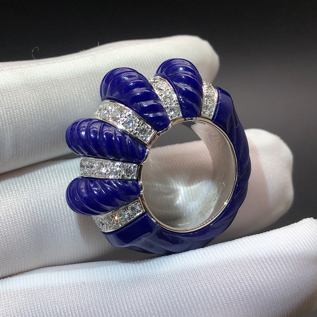 Cartier Diamonds and Carved Lapis Lazuli 18k White Gold Ring