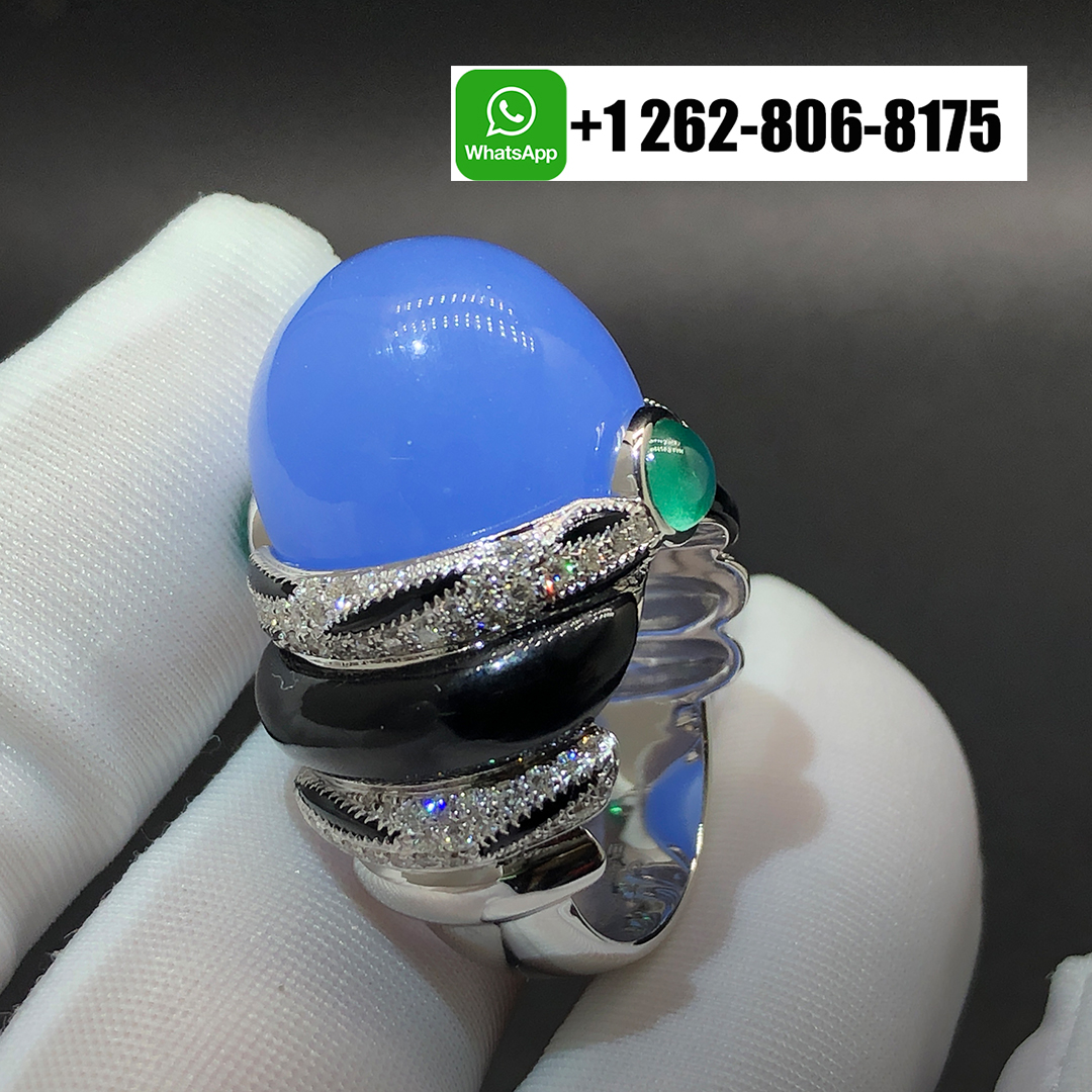 Cartier High Jewellery 18k White Gold Chalcedony Emeralds Onyx Diamond Surnaturel Ring