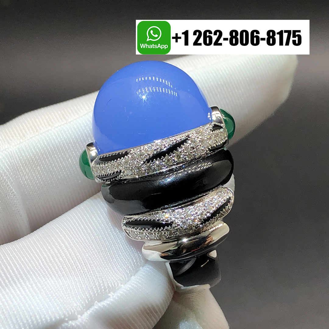 Cartier High Jewellery 18k White Gold Chalcedony Emeralds Onyx Diamond Surnaturel Ring