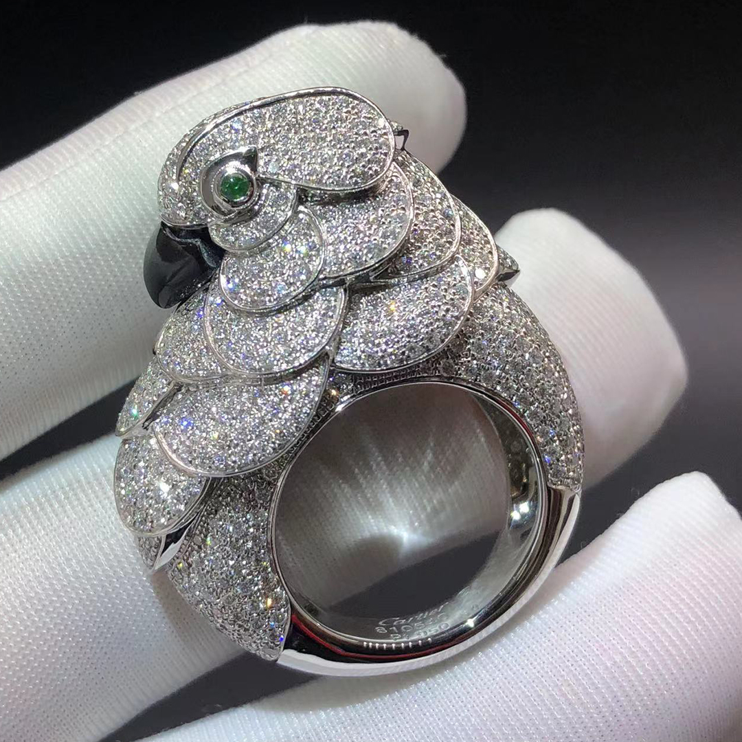 Cartier Les Oiseaux Liberes Platinum Pave Diamond Emerald & Mother of Pearl Parrot Ring