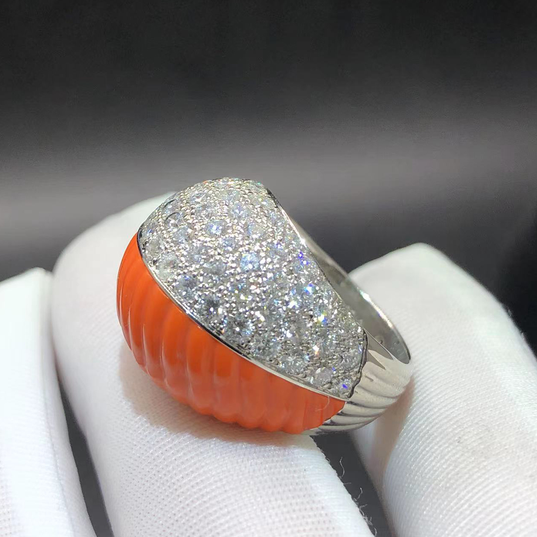 Cartier Platinum Diamond and Coral Ring