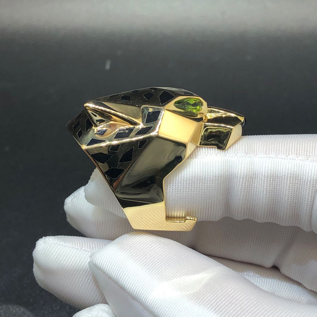 Cartier Pure 18K Yellow Gold Black Lacquer Peridot Onyx Panthère De Cartier Ring N4193100