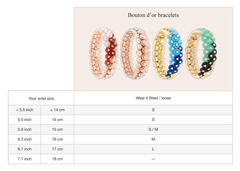 Van Cleef & Arpels Bouton d’or Bracelet Size Chart
