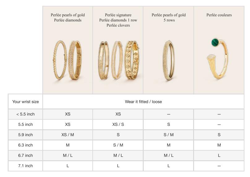 Van Cleef & Arpels Perlee bracelet size chart