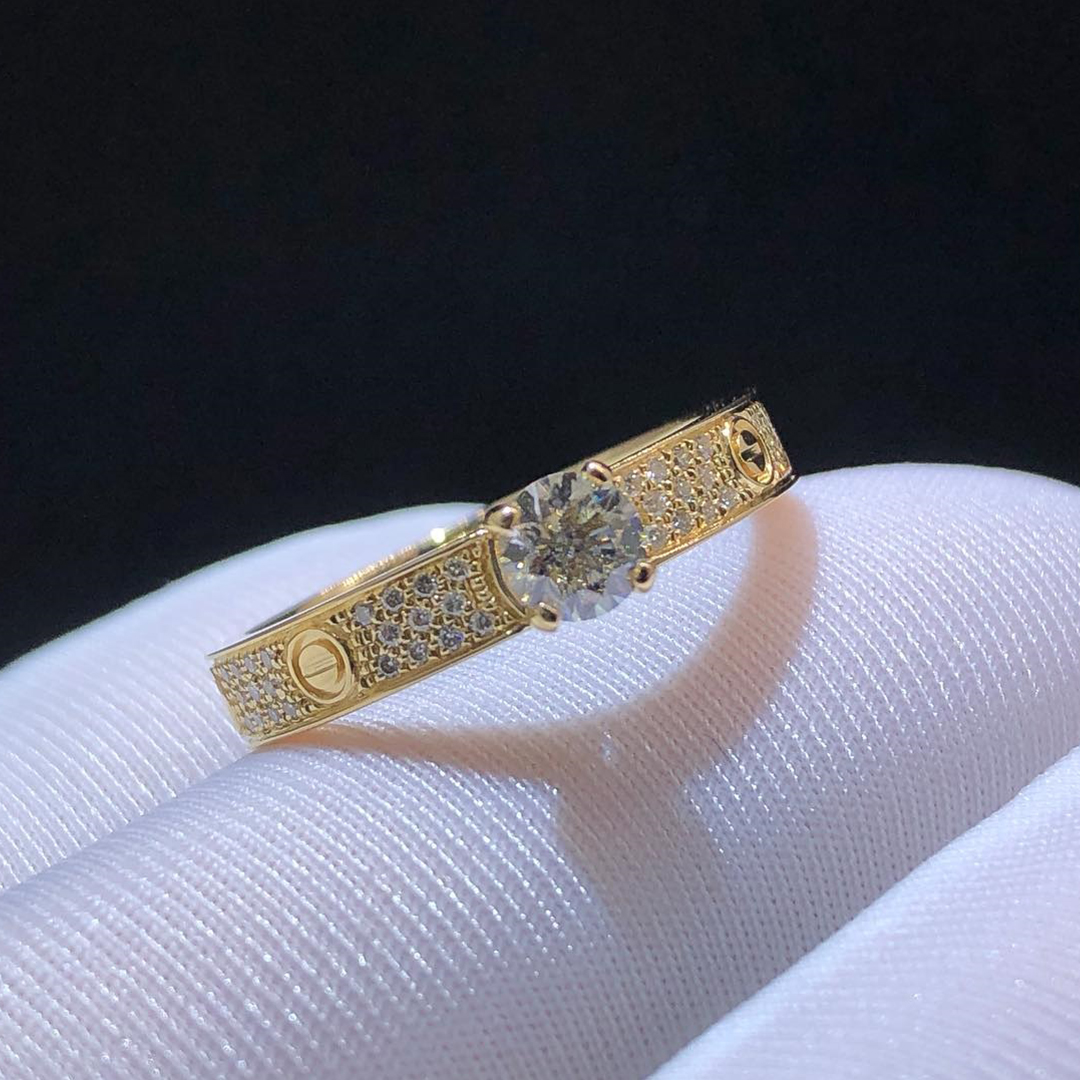 Cartier 18K Yellow Gold Pave Diamond Love Solitaire Ring
