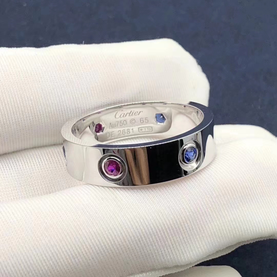 Cartier 18k White Gold 6 Multicolored Gemstone 5.5mm Love Ring
