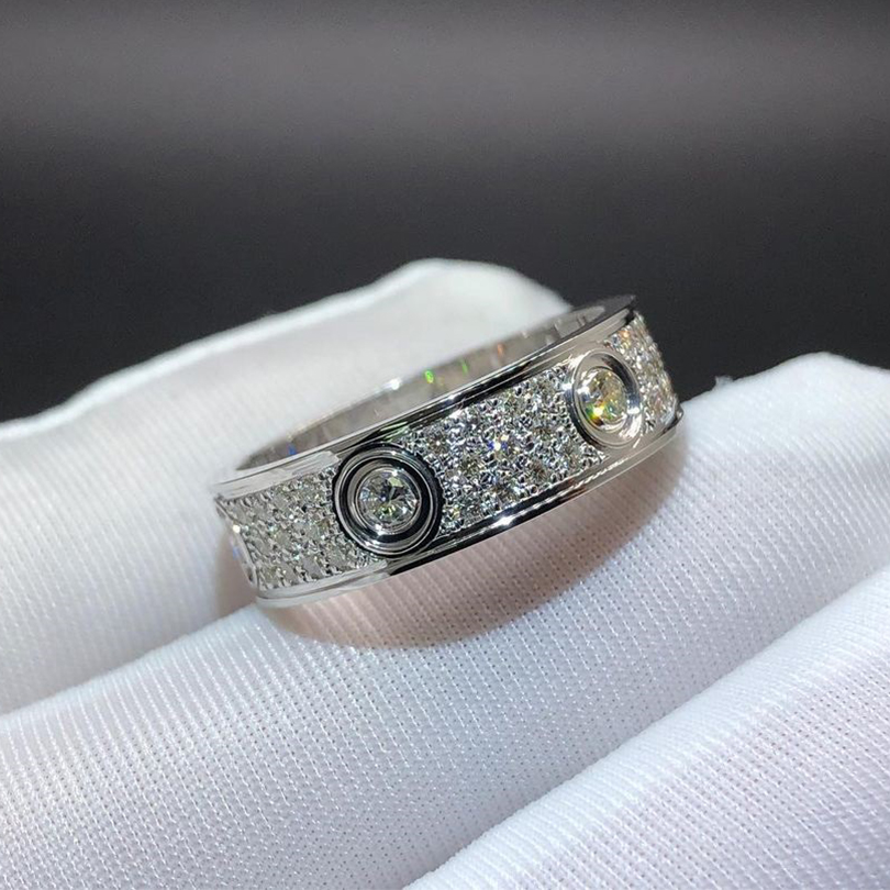 Cartier Love 18k White Gold Full Pave Diamond 6.5mm Band Ring