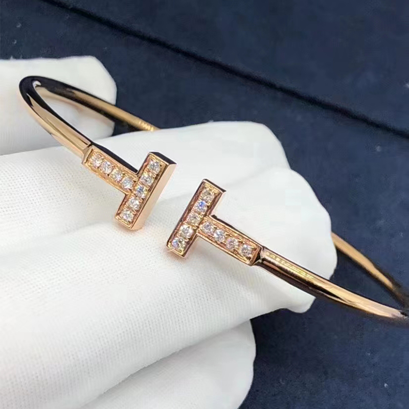 Tiffany & Co. 18k Rose Gold Diamond Double T Wire Bracelet 60010767