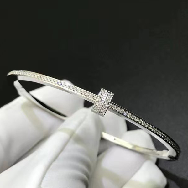 Tiffany & Co. 18k White Gold Diamond T Hinged Wire Bangle Bracelet 62273100