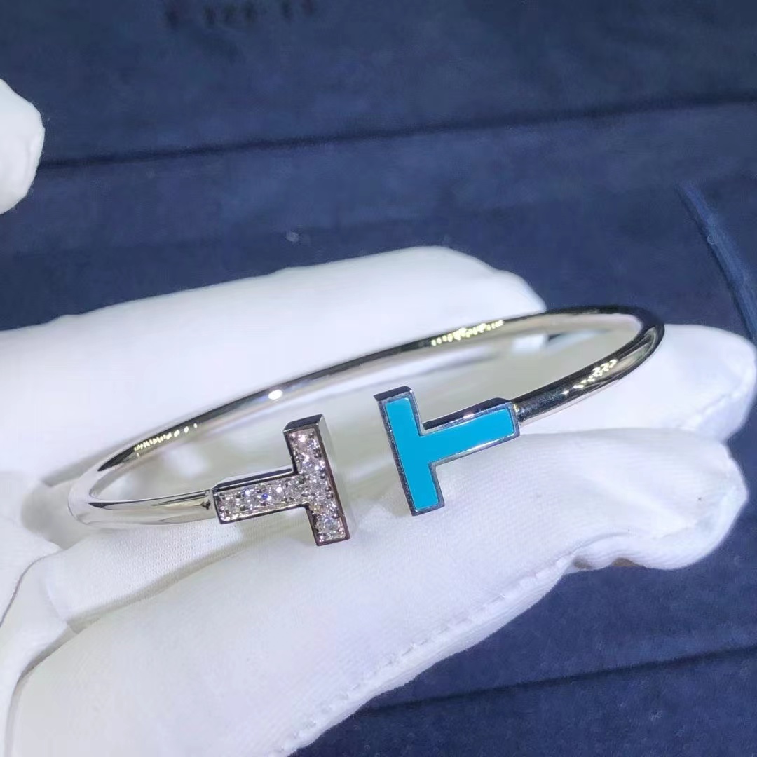 Tiffany & Co. 18k White Gold Diamond and Turquoise T Wire Bracelet 64029029