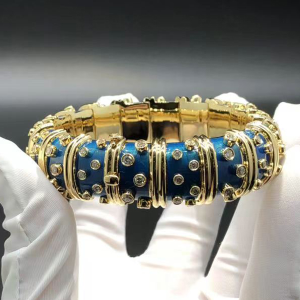 Tiffany & Co. Jean Schlumberger 18k Yellow Gold Diamond & Blue Paillonne Enamel Bracelet