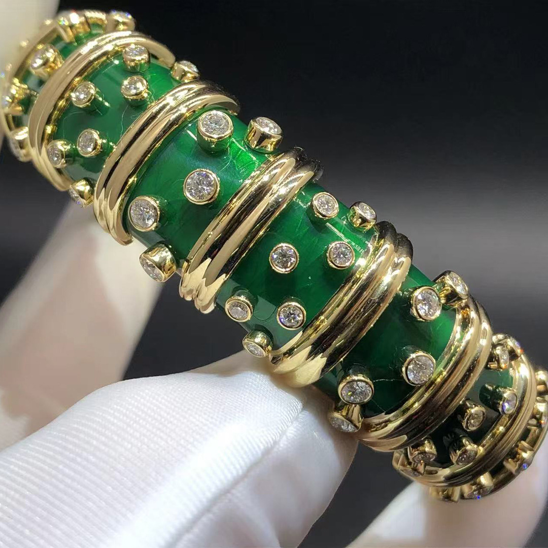 Tiffany & Co. Jean Schlumberger 18k Yellow Gold Diamond & Green Enamel Wide Bracelet