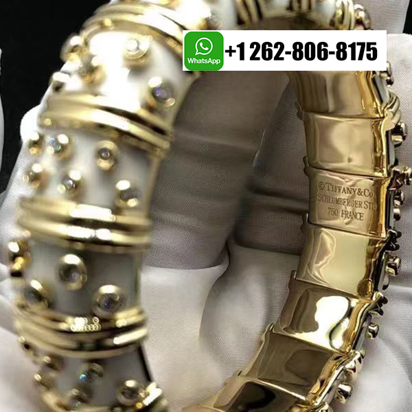 Tiffany & Co. Jean Schlumberger 18k Yellow Gold Diamond & White Enamel Wide Bracelet