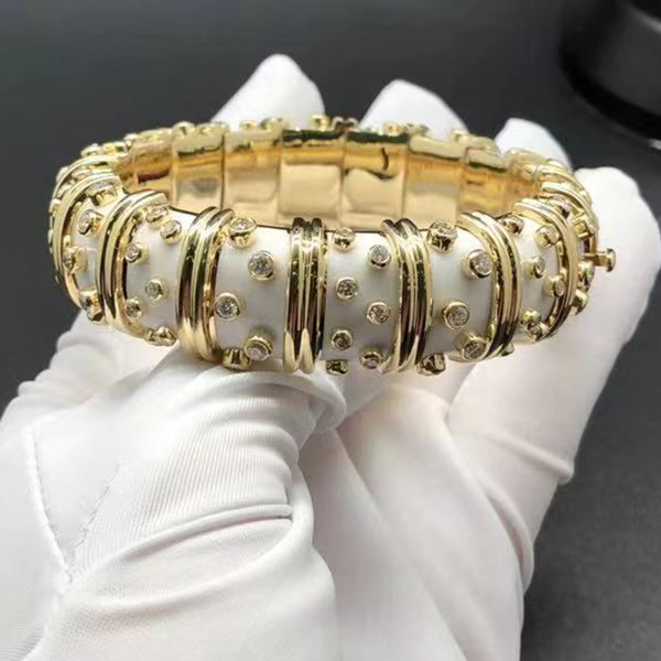Tiffany & Co. Jean Schlumberger 18k Yellow Gold Diamond & White Enamel Wide Bracelet