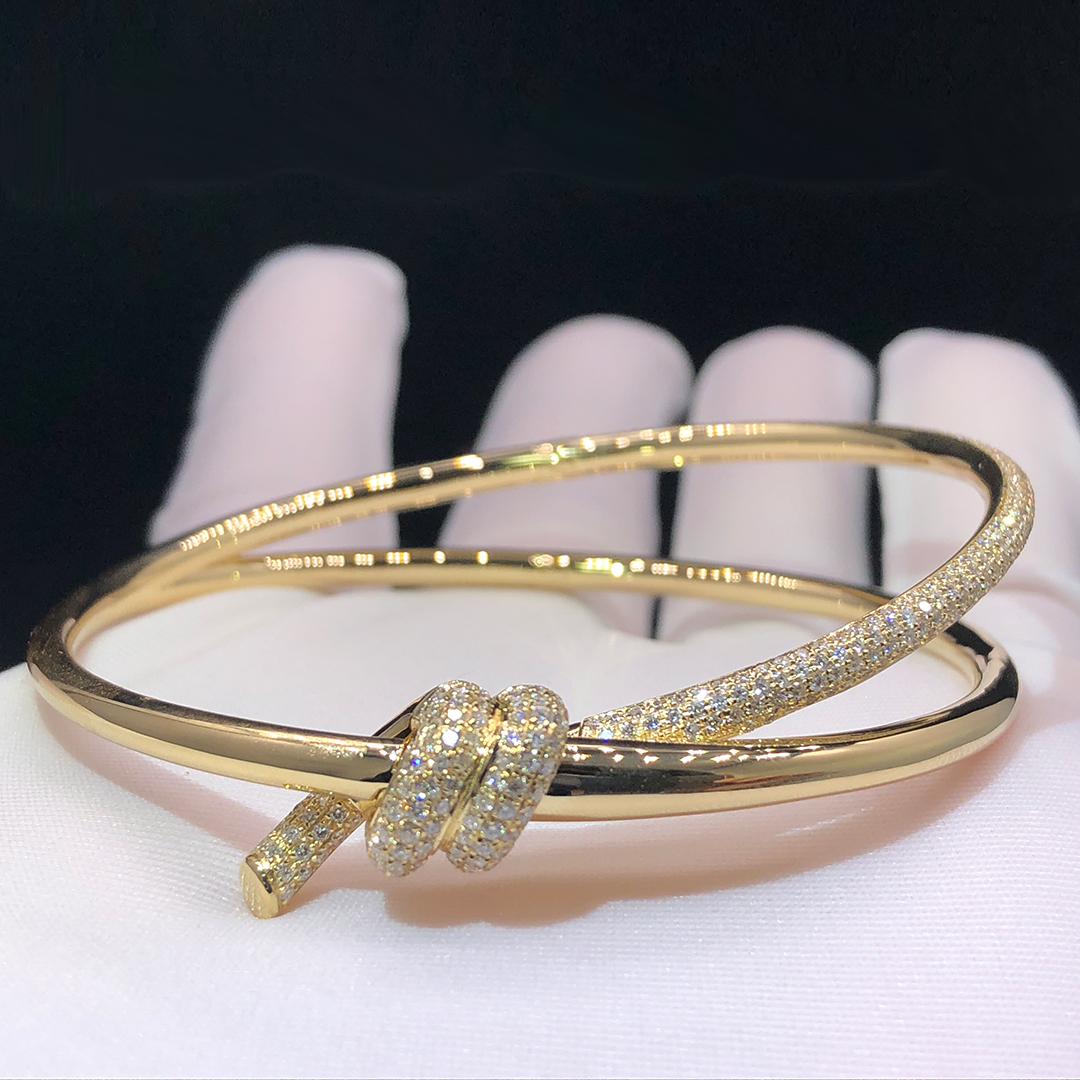 Tiffany & Co. Knot Double Row 18k Yellow Gold Diamonds Hinged Bangle Bracelet 68887542