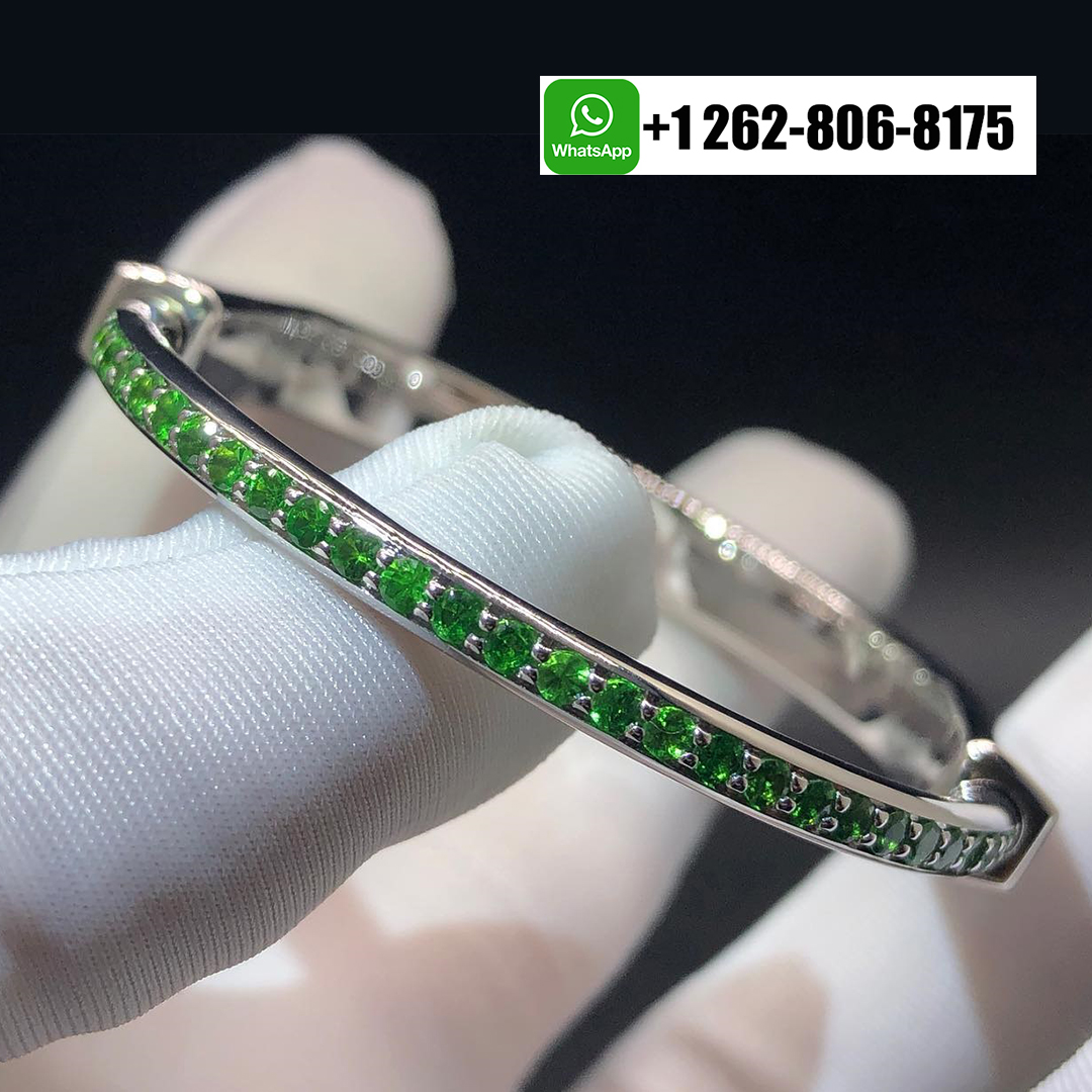 Tiffany & Co. Lock 18K White Gold Pave Diamonds and Green Tsavorite Limited Edition Bangle Bracelet
