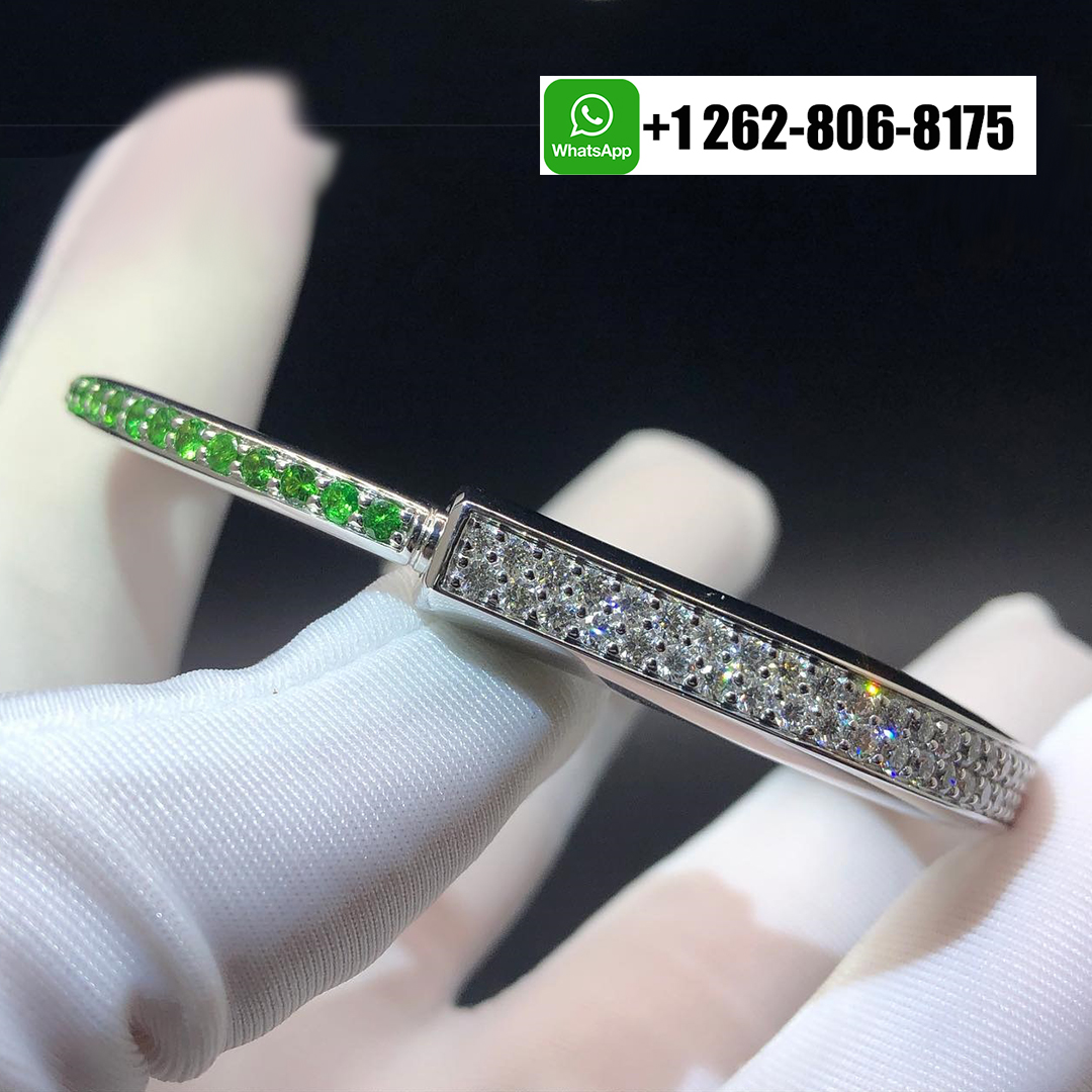 Tiffany & Co. Lock 18K White Gold Pave Diamonds and Green Tsavorite Limited Edition Bangle Bracelet