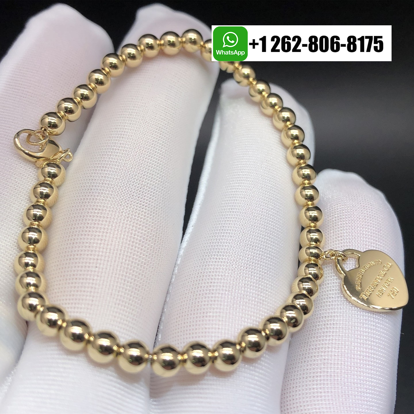 Tiffany & Co. Real 18K Yellow Gold 4mm Bead Return To Tiffany Heart Tag Bracelet