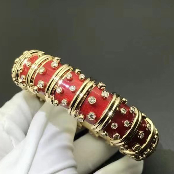Tiffany & Co. Schlumberger 18K Yellow Gold Diamonds Red Enamel Wide Bracelet