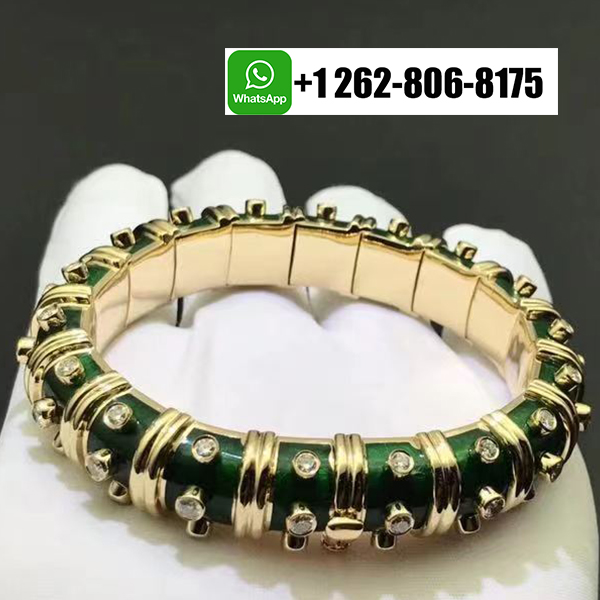 Tiffany & Co. Schlumberger 18K Yellow Gold Green Enamel Diamond Narrow Bangle Bracelet
