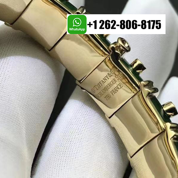 Tiffany & Co. Schlumberger 18K Yellow Gold Green Enamel Diamond Narrow Bangle Bracelet