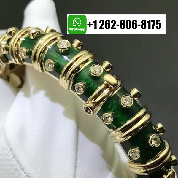 Tiffany & Co. Schlumberger 18K Yellow Gold Green Enamel Diamond Narrow Bangle Bracelet