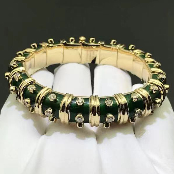 Tiffany & Co. Schlumberger 18K Yellow Gold Green Enamel Diamond Narrow Bangle Bracelet
