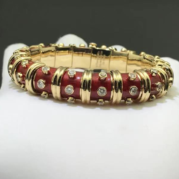 Tiffany & Co. Schlumberger 18K Yellow Gold Red Enamel Diamond Narrow Bracelet
