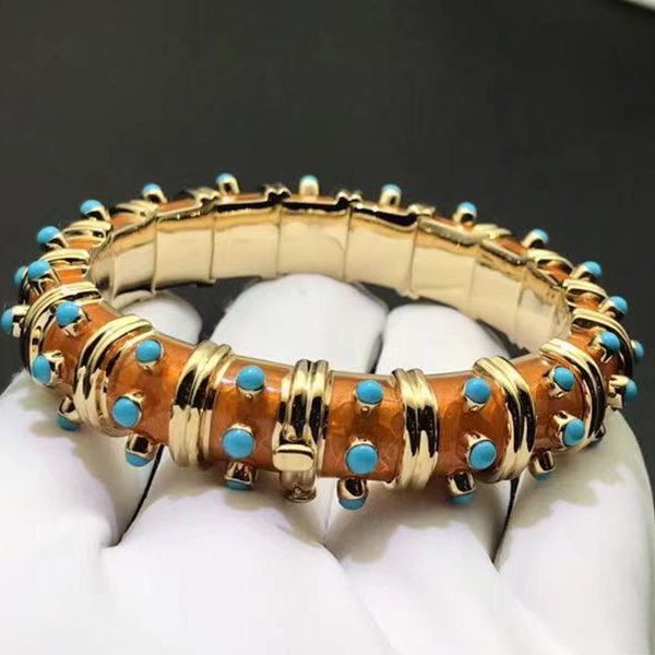 Tiffany & Co. Schlumberger 18K Yellow Gold Turquoise Copper Enamel Narrow Bracelet