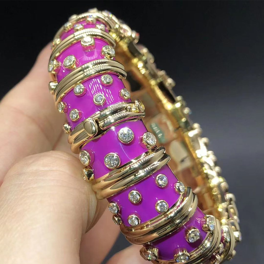 Tiffany & Co. Schlumberger 18k Yellow Gold Diamond Purple Enamel Bangle Bracelet