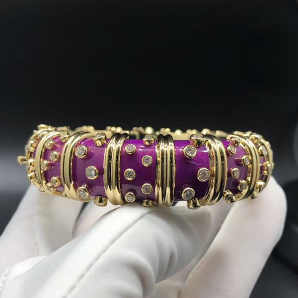 Tiffany & Co. Schlumberger 18k Yellow Gold Diamond Rare Lilac Enamel Bangle Bracelet