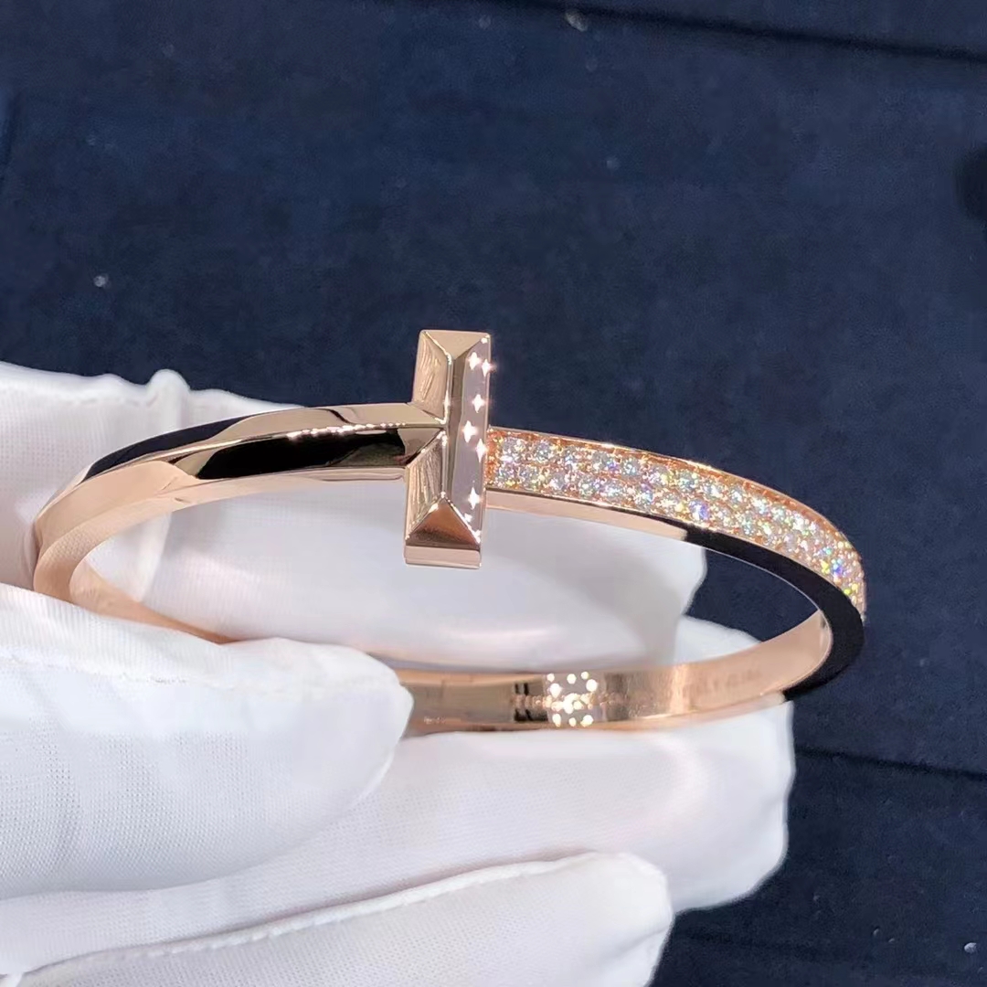Tiffany & Co. T 18k Rose Gold T1 Wide Diamond Hinged Bangle Bracelet 67792831