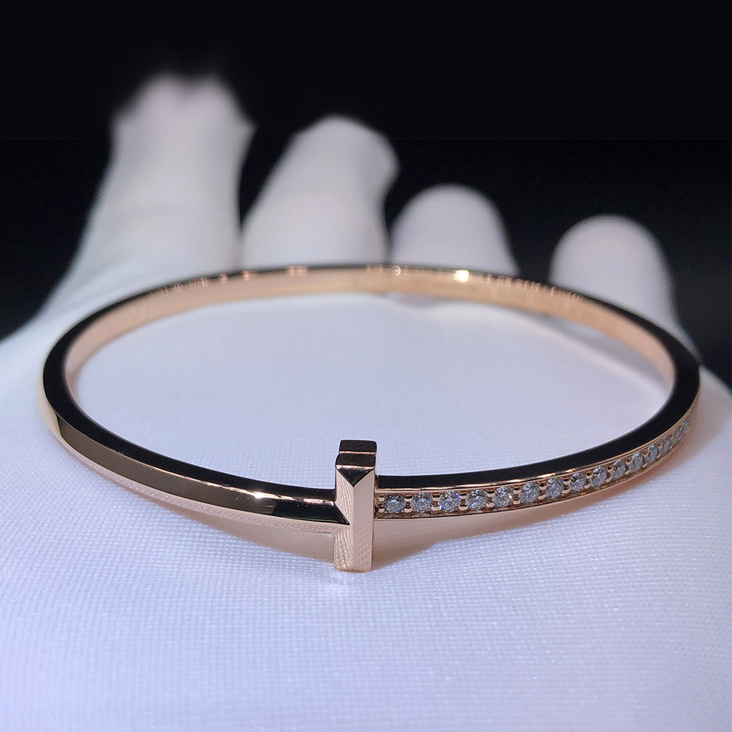 Tiffany & Co. T1 Narrow Diamond Hinged T 18k Rose Gold Bangle Bracelet 68315778