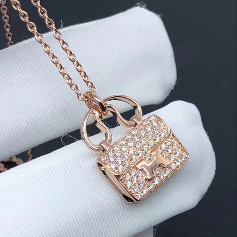 Hermes Amulettes Constance 18k Rose Gold Pave Diamond Pendant Necklace H121312B 00