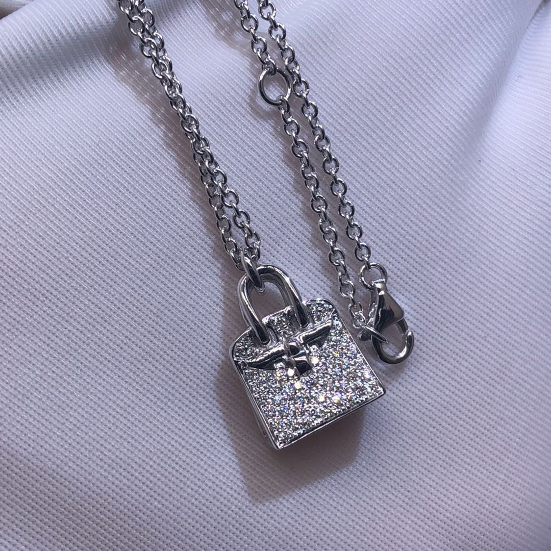 Hermes Birkin Amulette Diamond 18k White Gold Pendant Necklace